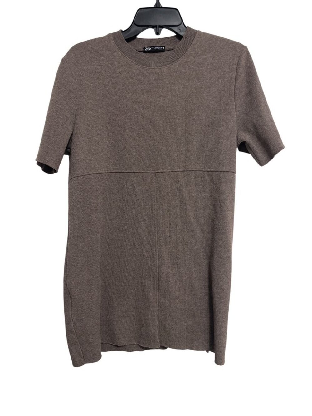 Zara Brown Short-Sleeve Ribbed Knit Tunic Top Size L Made In Morocco
